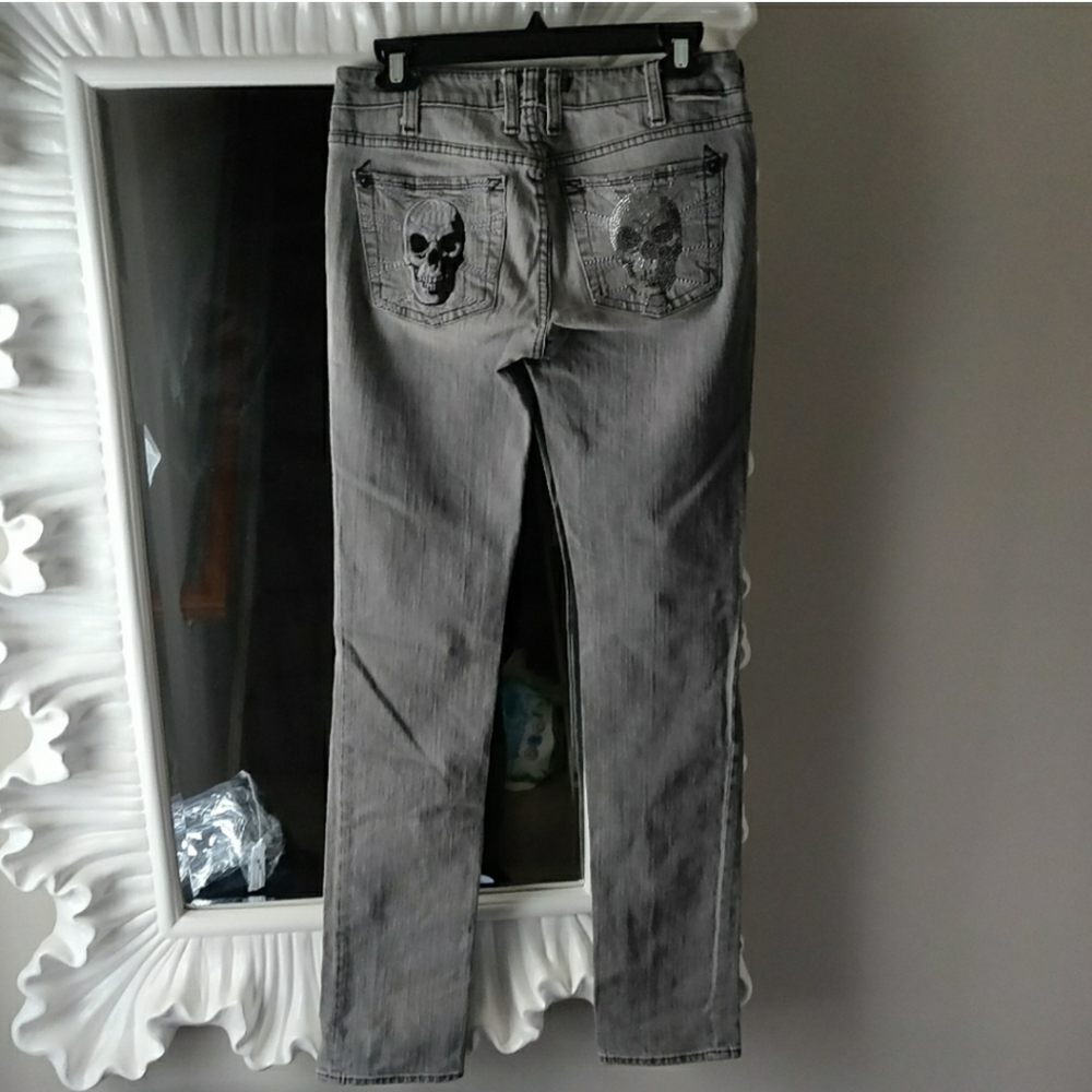 J & Company Skull Bling embroidery Grunge grey Skinny Punk Jeans 25